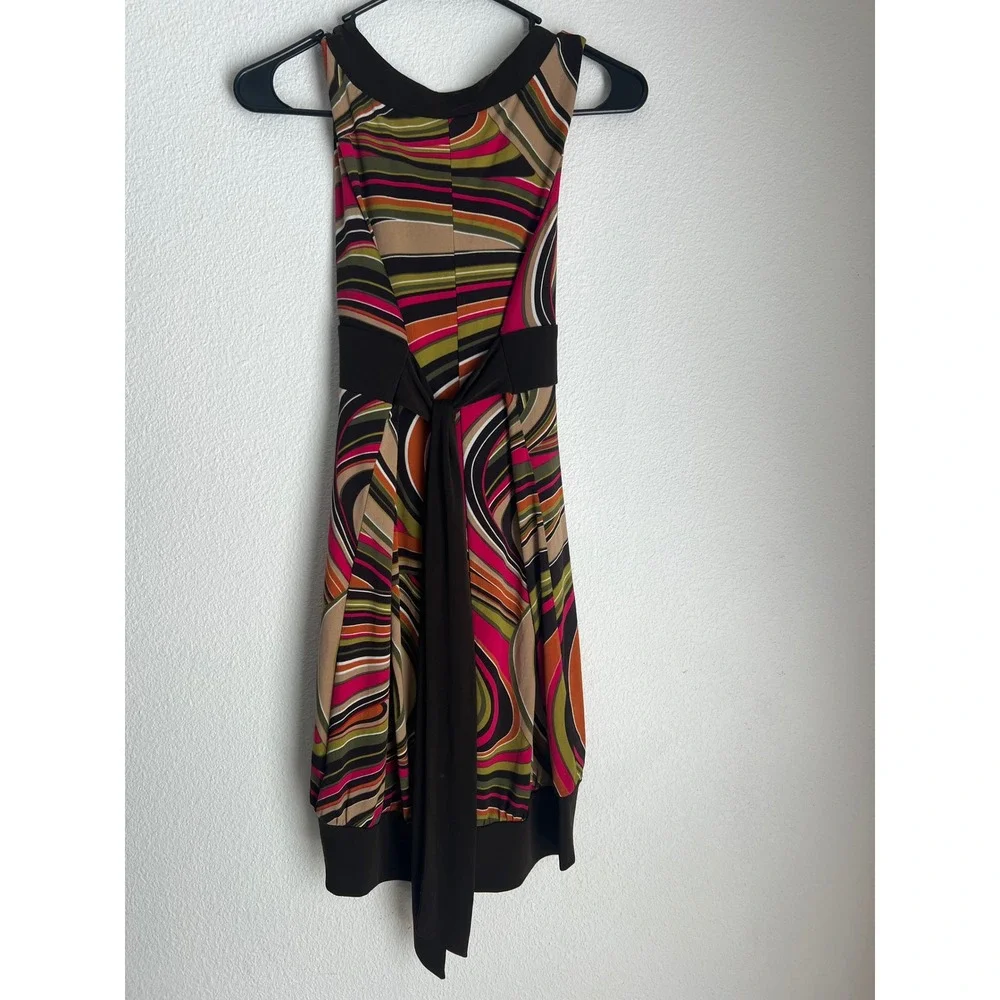 iz byer California‎ Dress L Brown Pink Green Abstract Print Sleeveless Tank